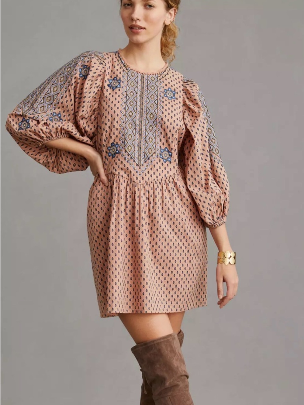 Anthropologie mini dress XS Peach Floral Embroidered beaded Puff-Sleeves